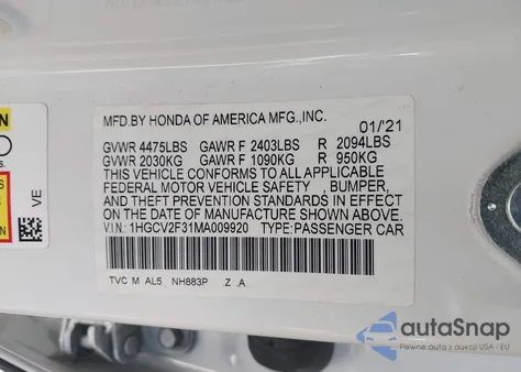 2021 Honda Accord Sport 2.0T из США, поврежденный, VIN 1HGCV2F31MA009920